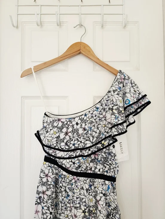 NWT Likely One-Shoulder Floral Ruffle Dress in White with Black Trim Size 0 - Picture 3 of 6